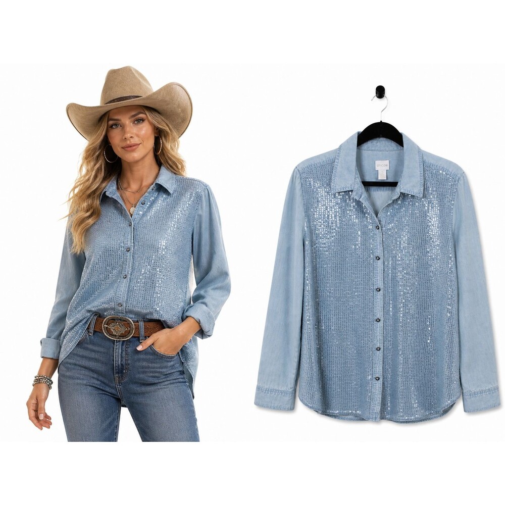 Chicos Sequin Front Denim Shirt Top Size Large Light Wash